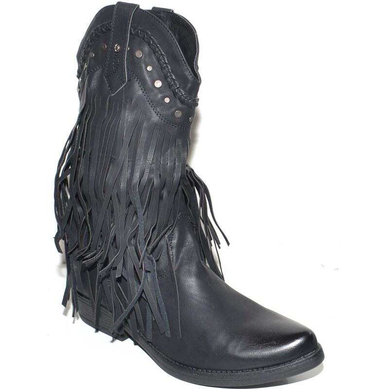 Malu Shoes Stivali donna camperos texani nero con frange con borchiette moda altezza polpaccio style mexico cowboy
