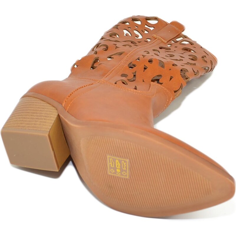 Malu Shoes Stivali donna camperos texani stile western cuoio con gambale traforato fantasia laser tacco altezza polpaccio