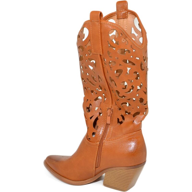 Malu Shoes Stivali donna camperos texani stile western cuoio con gambale traforato fantasia laser tacco altezza polpaccio