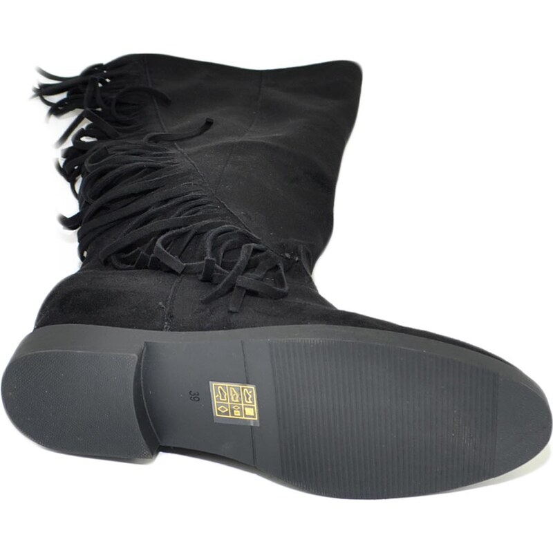 Malu Shoes Stivali donna indianini nero scamosciati con frange laterali zeppa interna 5 cm lisci moda altezza ginocchio