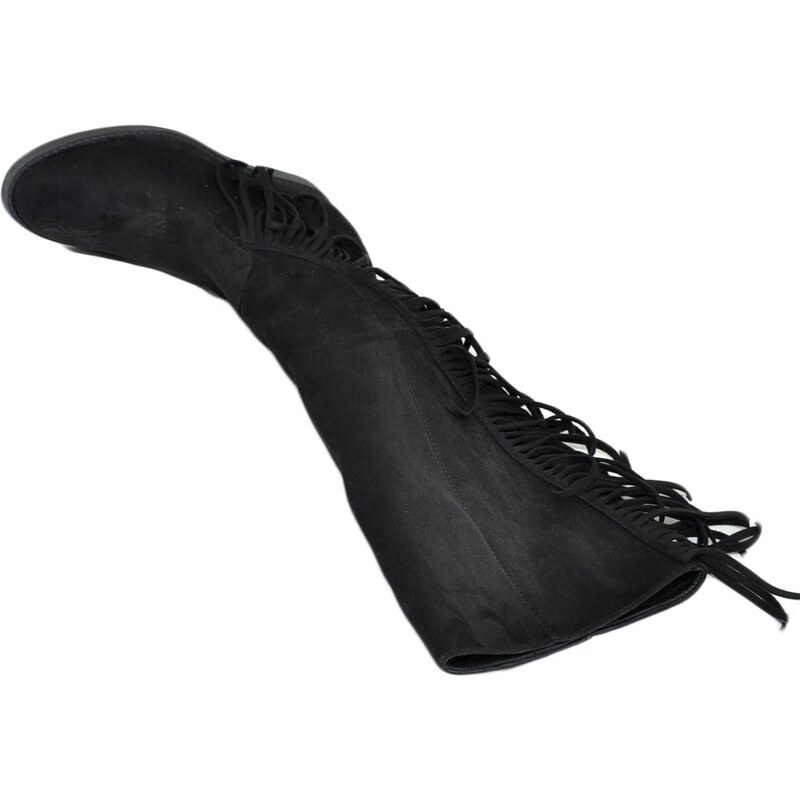 Malu Shoes Stivali donna indianini nero scamosciati con frange laterali zeppa interna 5 cm lisci moda altezza ginocchio