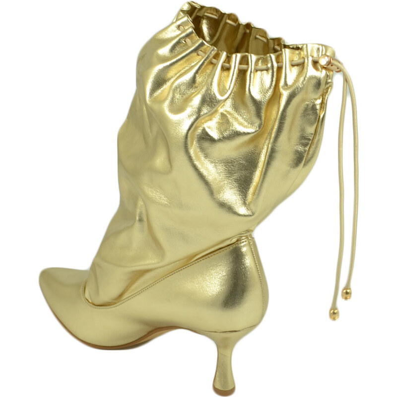 Malu Shoes Stivali donna tronchetto a punta oro in pelle con tacco midi 5 cm a spillo e coulisse moda tendenza