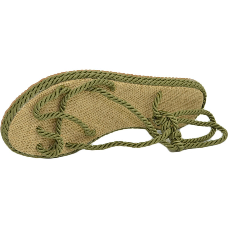 Malu Shoes Sandali bassi donna verde militare con corda di canapa suola in cordone e gomma moda Mykonos alla schiava gladiatore