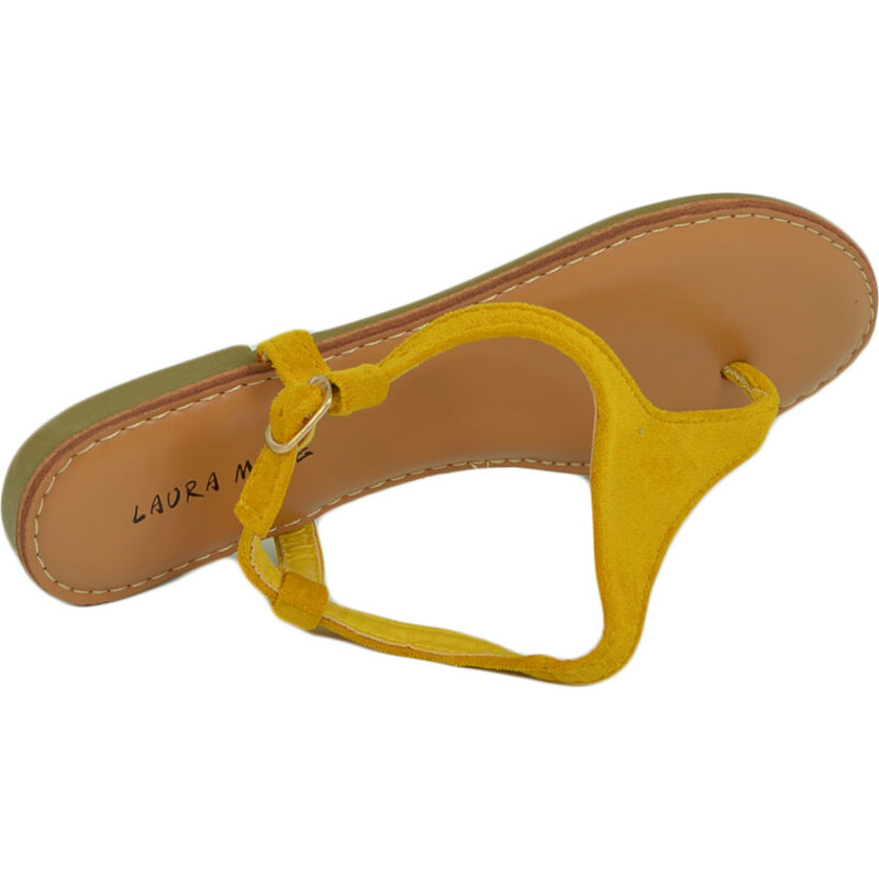 Malu Shoes Sandalo basso senape infradito in morbida alcantara cinturino alla caviglia fondo imbottito in memory comoda estate