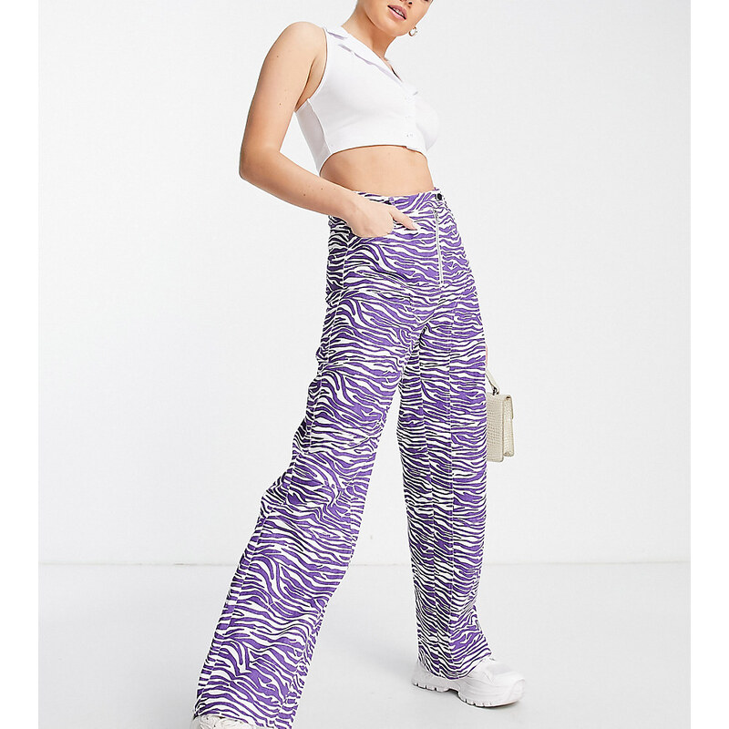 Missguided - Pantaloni con fondo ampio e stampa zebrata lilla-Viola