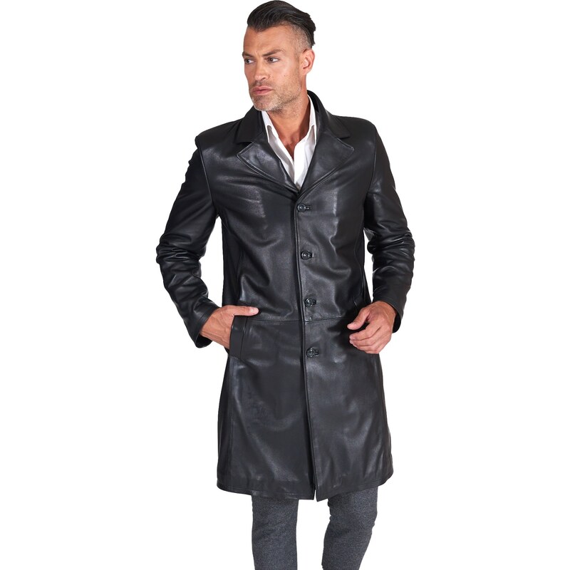 Cappotto in pelle nera lungo stile matrix nappa effetto liscio D'Arienzo