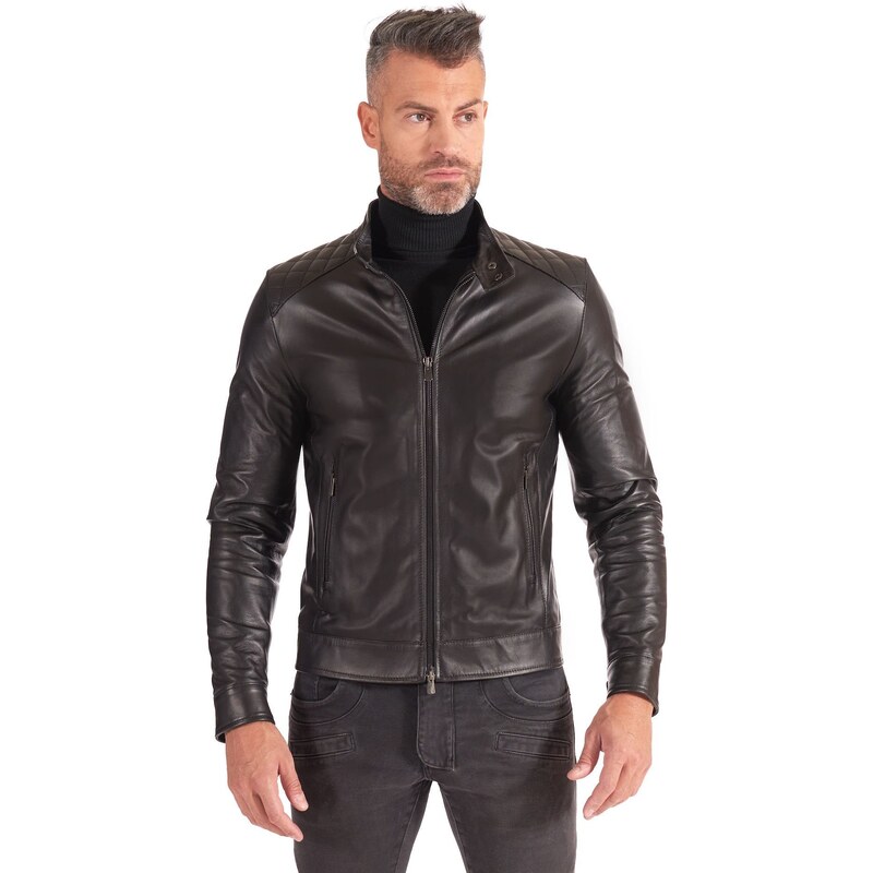 Veste Homme En Cuir Nappa Noir - Taille 54, Doublure Acétate, Matelassée, Neuve Sans étiquettes, Italie