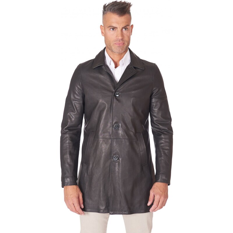 Cappotto in pelle nera nappa effetto liscio collo giacca D'Arienzo