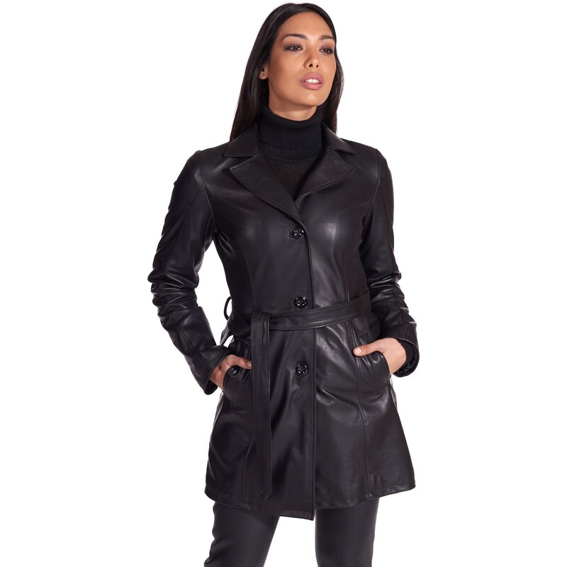 Cappotto in pelle nera con cintura nappa effetto liscio D'Arienzo