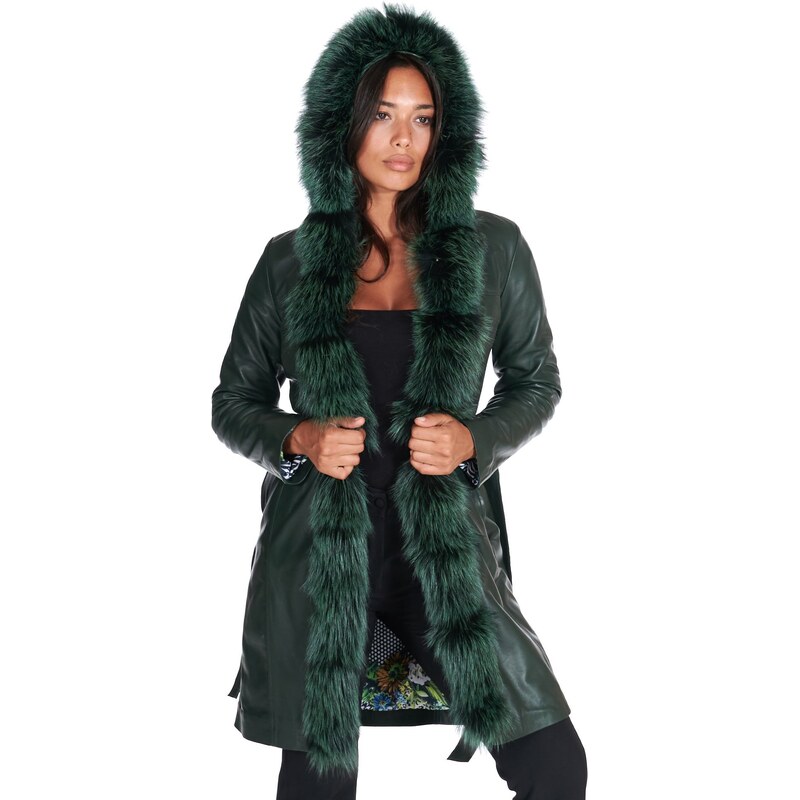 Cappotto in pelle naturale verde con cappuccio bordato pelliccia D'Arienzo
