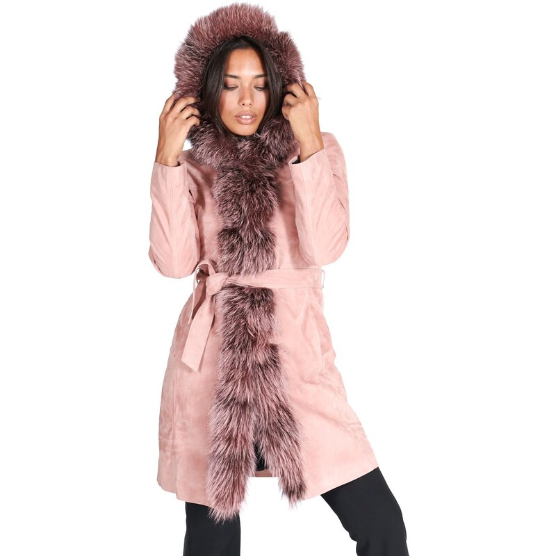 Cappotto in pelle scamosciata rosa con cappuccio bordato pelliccia D'Arienzo