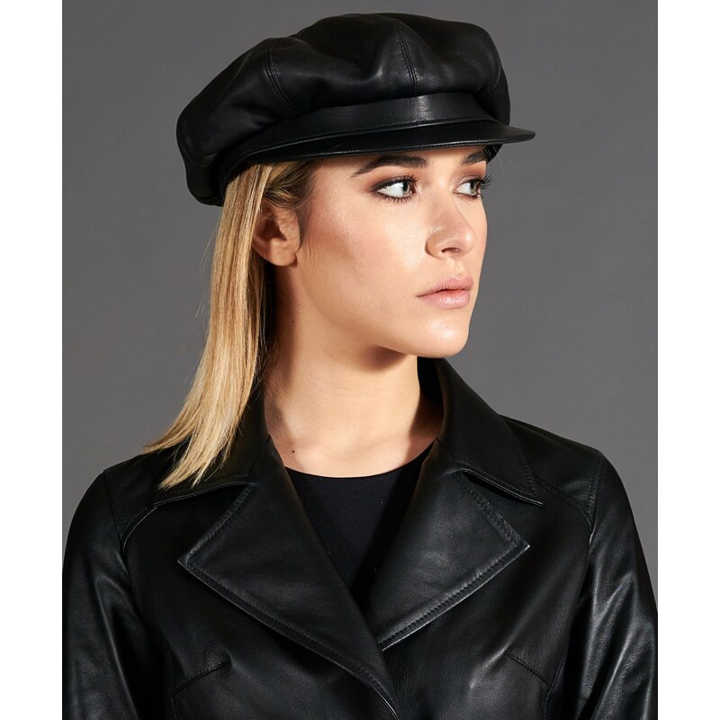 Cappello da donna in pelle nera stile berretto francese D'Arienzo