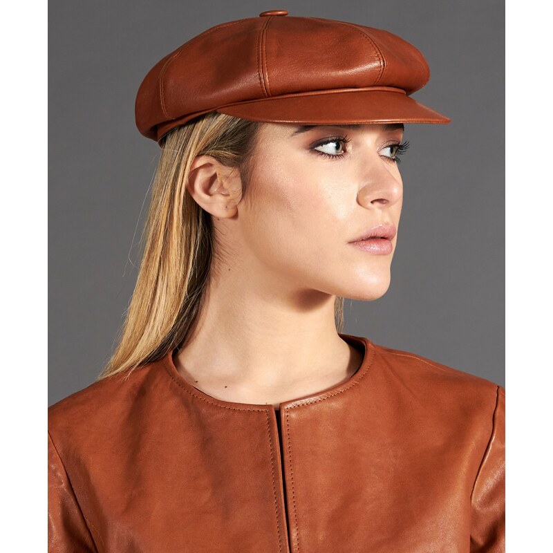 Cappello da donna in pelle tabacco stile berretto francese D'Arienzo