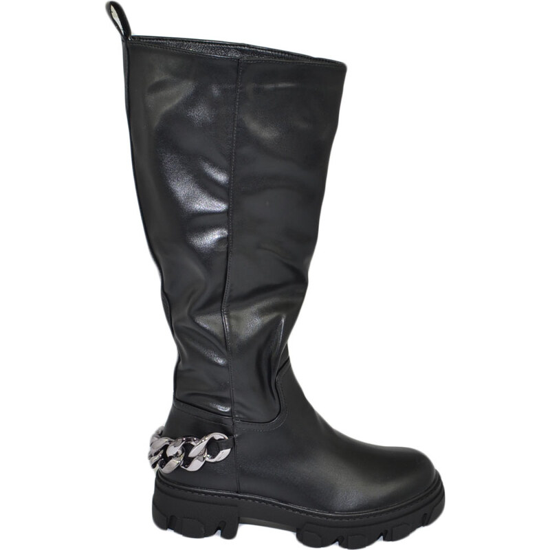 Malu Shoes Stivali donna combat boots gomma alta con catena retro nero zip altezza ginocchio moda comodo