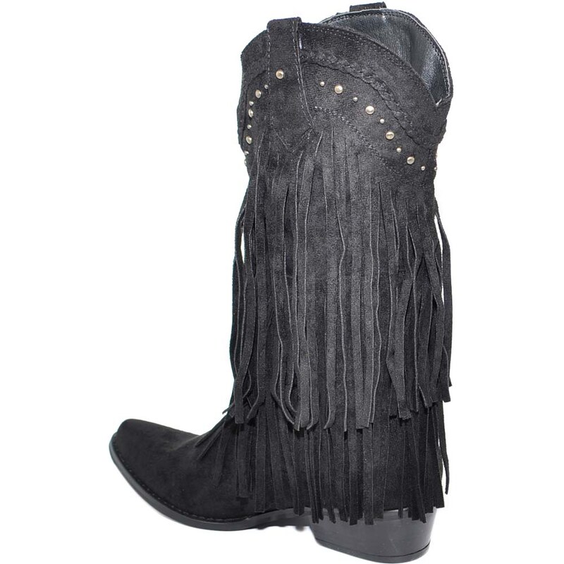 Malu Shoes Stivali donna camperos texani neri scamosciati con frange lunghe e borchie western moda al polpaccio mexico cowboy