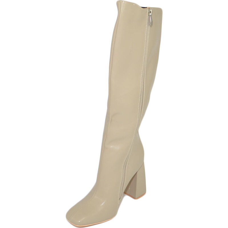 Malu Shoes Stivale alto donna punta quadrata khaki liscio gambale aderente con elastico al ginocchio tacco largo 10 cm moda con zip