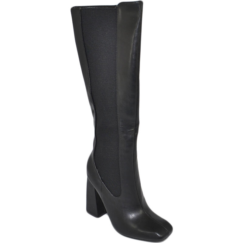 Malu Shoes Stivale alto donna punta quadrata nero liscio gambale aderente con elastico al ginocchio tacco largo 10 cm moda con zip