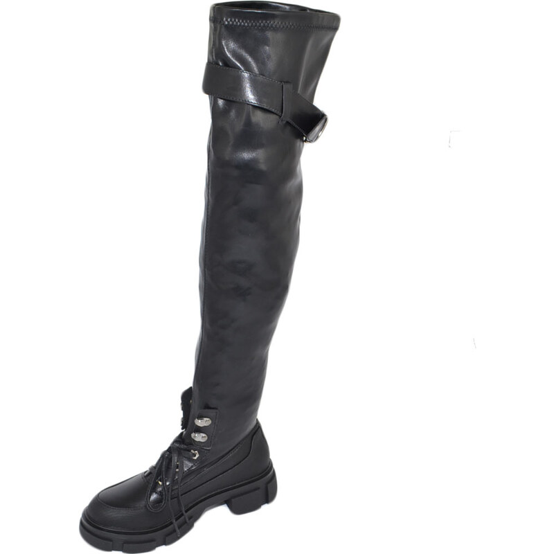 Malu Shoes Stivale donna alto nero sopra ginocchio elastico platform calzino suola gomma alta bombata lacci fibbia tendenza moda