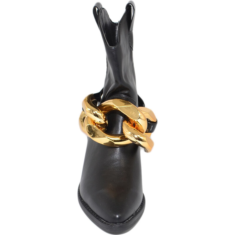 Malu Shoes Stivale Camperos donna neri texano tacco basso western in pelle liscia accessorio catena oro rimovibile meta polpaccio