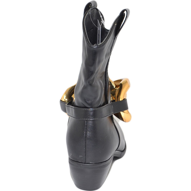 Malu Shoes Stivale Camperos donna neri texano tacco basso western in pelle liscia accessorio catena oro rimovibile meta polpaccio