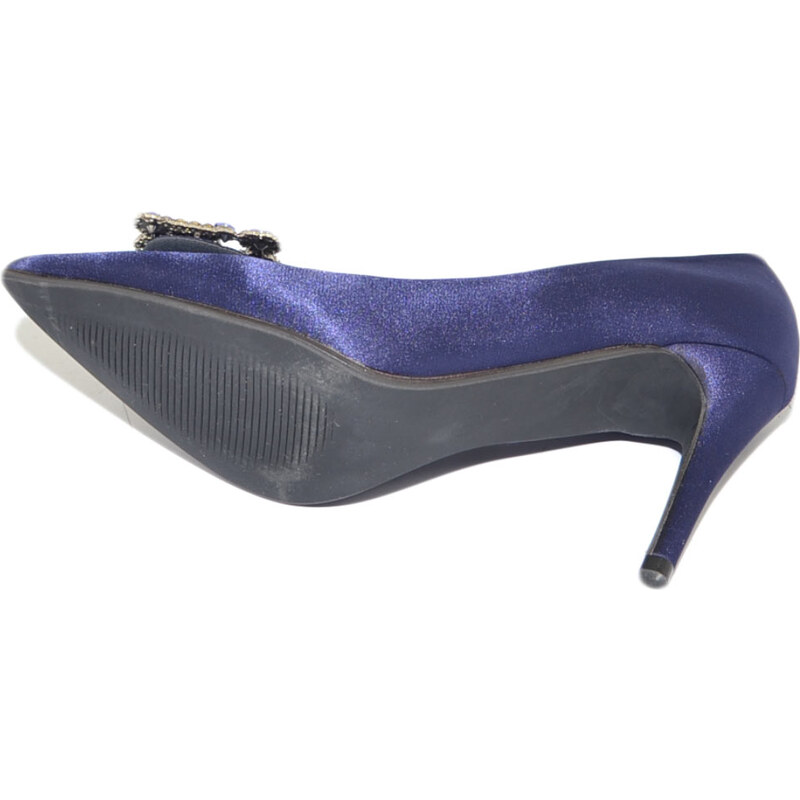 Malu Shoes Scarpe decollete donna in raso blu elegante gioiello fermaglio quadrato punta tacco spillo 10 moda cinturino cerimonia