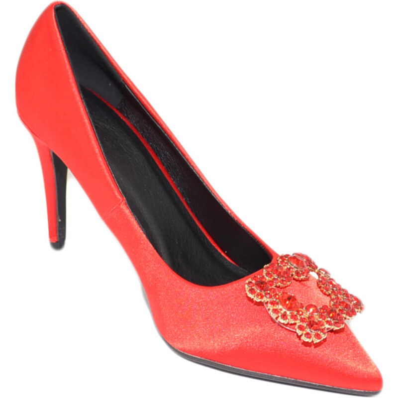 Malu Shoes Scarpe decollete donna in raso rosso elegante gioiello fermaglio quadrato punta tacco spillo 10 moda cinturino cerimonia