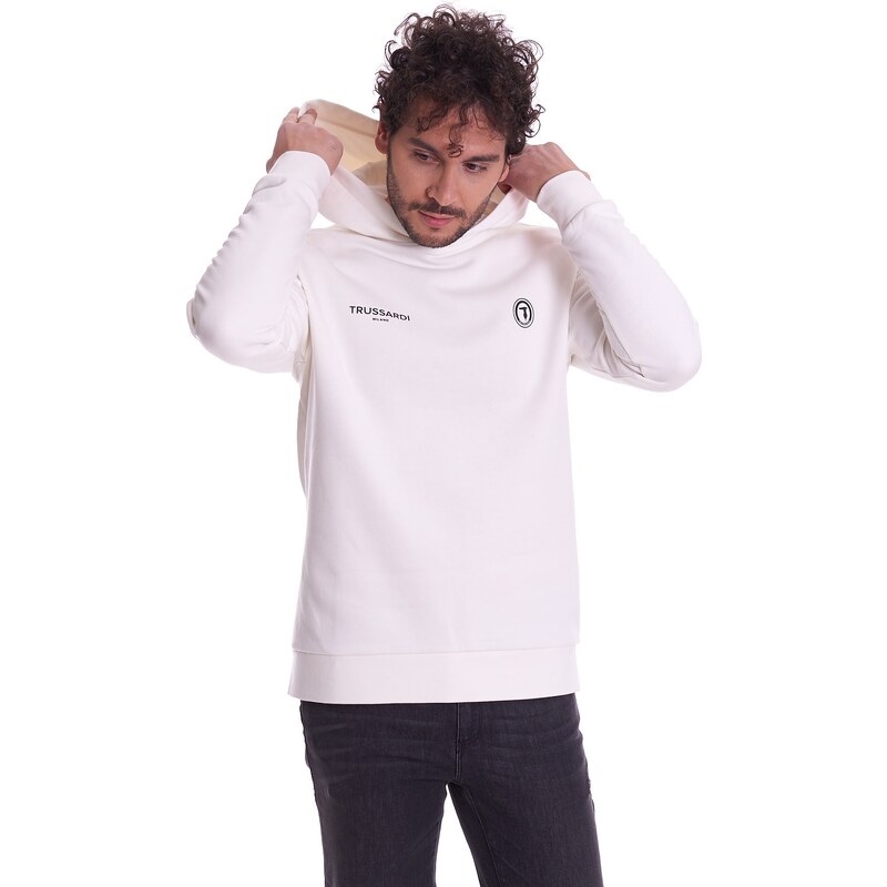 Trussardi Jeans FELPA TRUSSARDI CON CAPPUCCIO STAMPATA, Colore Bianco