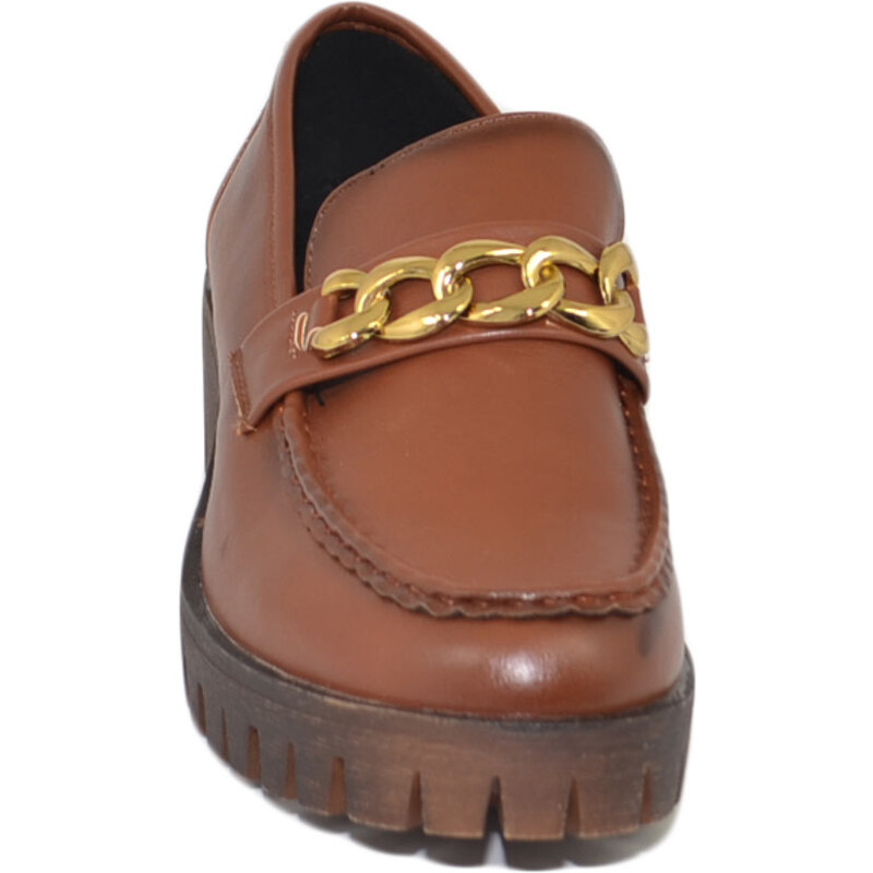 Malu Shoes Mocassini donna college inglesina cuoio accessorio catena anelli bendina oro suola gomma alta carrarmato moda tendenza