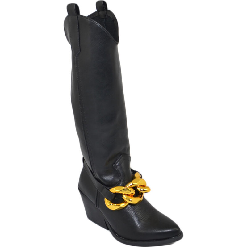 Malu Shoes Stivali donna camperos texani nero basic pelle morbida catena oro rimovibile tacco western 7 cm altezza ginocchio moda