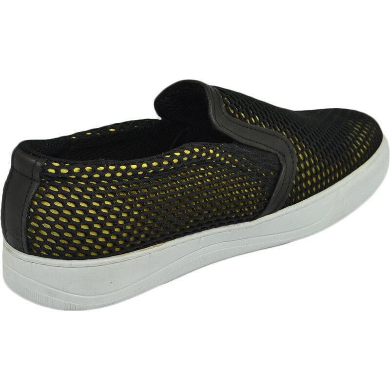 Malu Shoes Scarpe uomo slip on mocassino nero a base gialla con suola sportiva elastico laterale comodo in pelle e tela intrecciato
