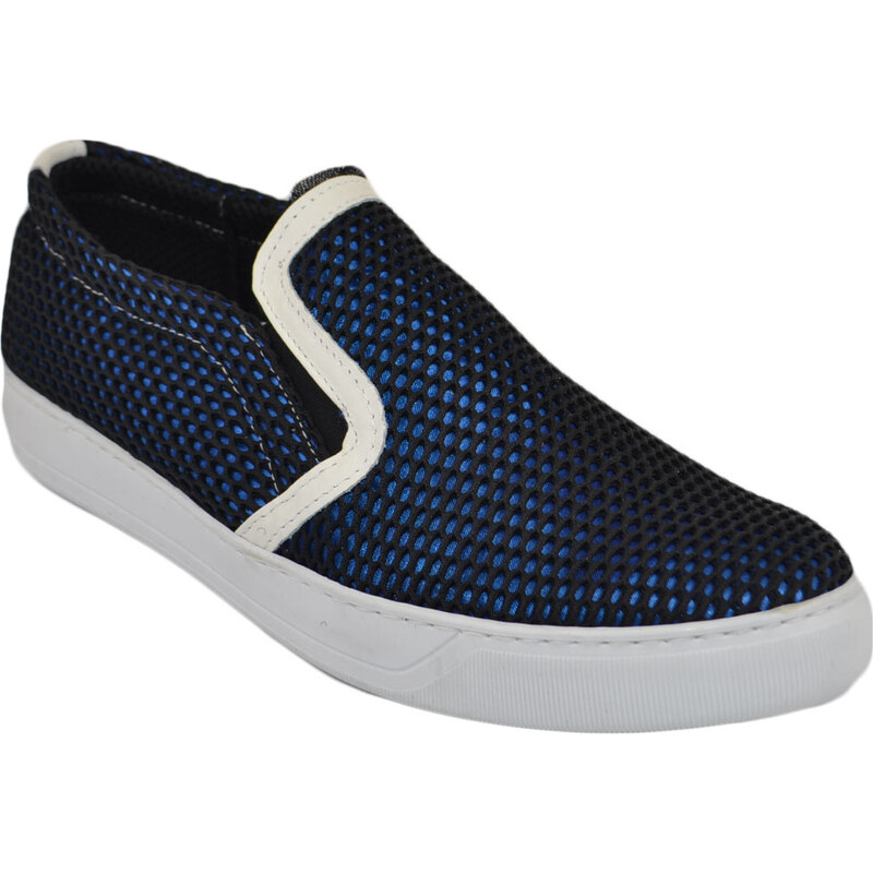 Malu Shoes Scarpe uomo slip on mocassino nero a base blu con suola sportiva elastico laterale comodo in pelle e tela intrecciato