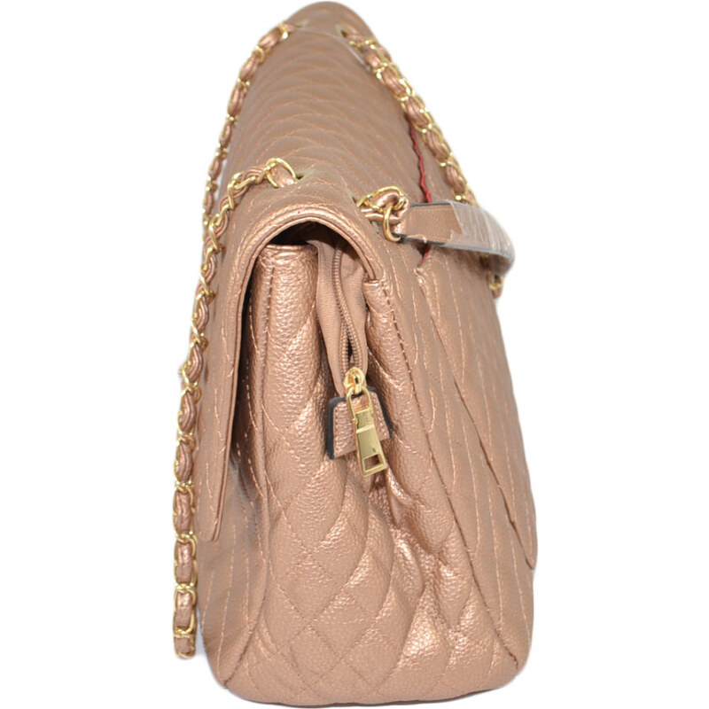 Malu Shoes Borsa donna oro rosa rettangolare striata con scopartimenti chiusura clip e zip interna catena oro capiente moda glam