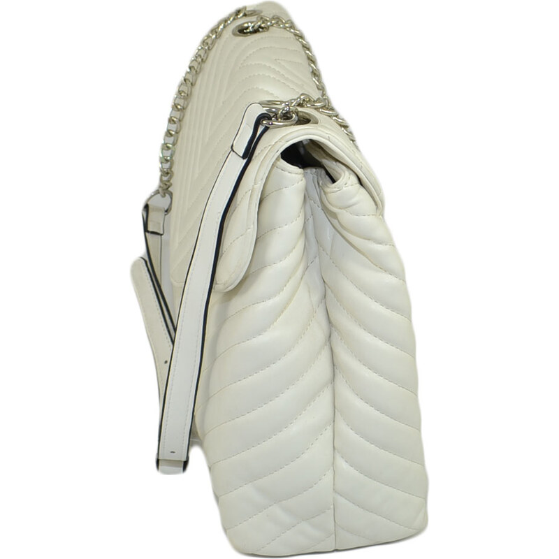 Malu Shoes Borsa donna bianca striata a portafoglio 3 scopartimenti chiusura clip e zip catena argento capiente moda glam