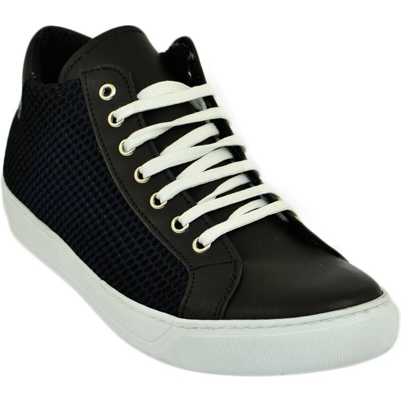Malu Shoes Sneakers scarpa alta uomo tessuto lycra vera pelle nero fondo blu ultraleggero genuine leather made in italy comoda