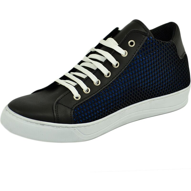 Malu Shoes Sneakers scarpa alta uomo tessuto lycra vera pelle nero fondo blu ultraleggero genuine leather made in italy comoda