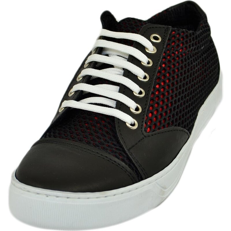 Malu Shoes Sneakers scarpa bassa uomo tessuto lycra vera pelle nero fondo rosso ultraleggero genuine leather made in italy comoda