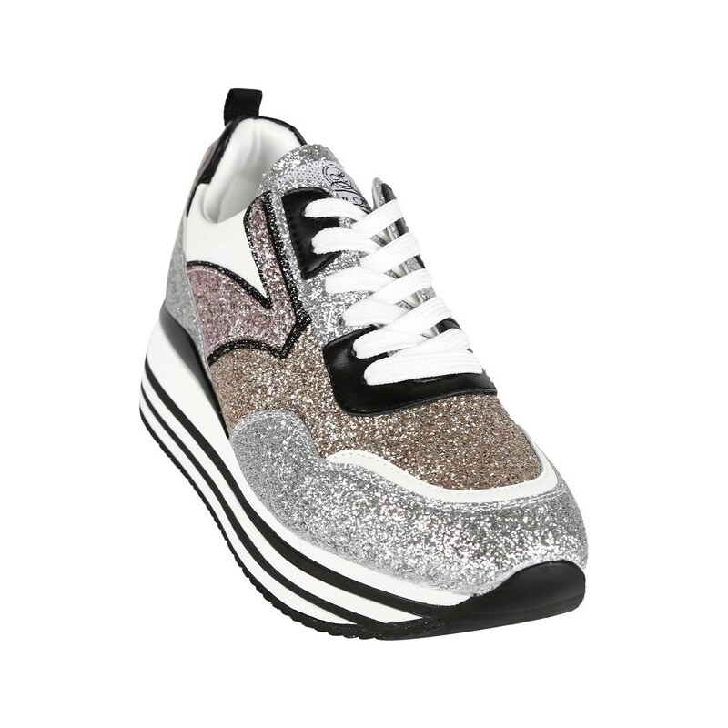 Queen Helena Sneakers Donna Con Platform e Glitter Zeppa Argento Taglia 39