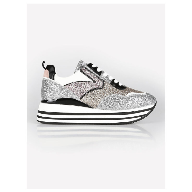 Queen Helena Sneakers Donna Con Platform e Glitter Zeppa Argento Taglia 39