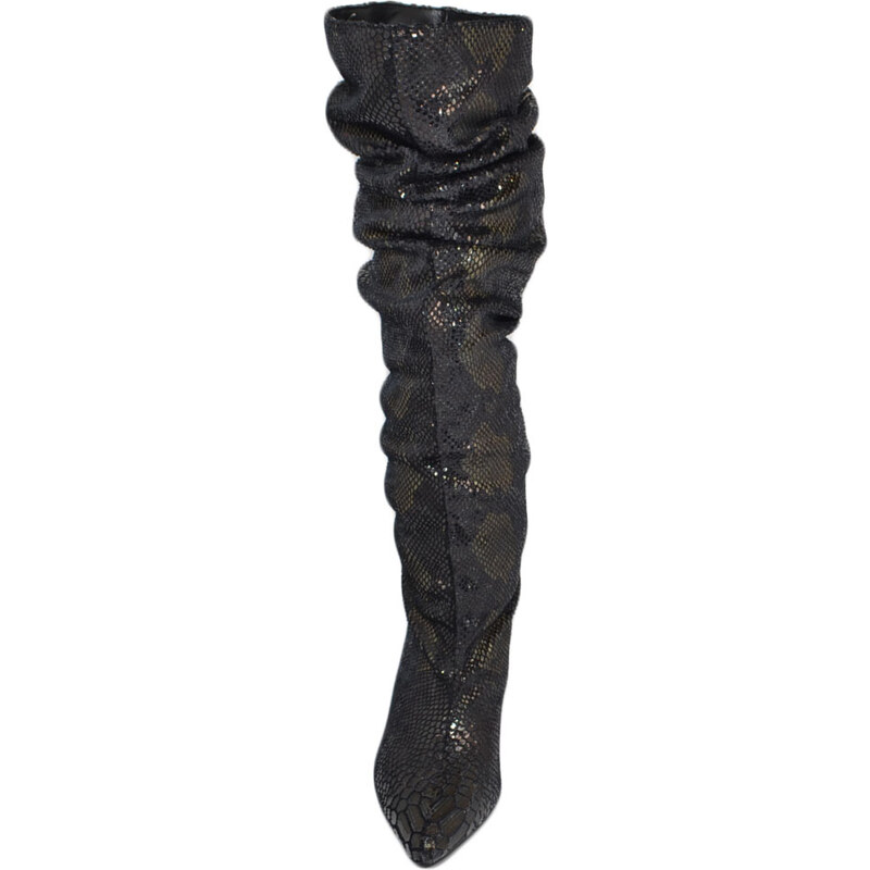 Malu Shoes Stivali donna a punta ilaminato nero pitonato tacco largo comodo zip arricciati al ginocchio moda Rouches moda
