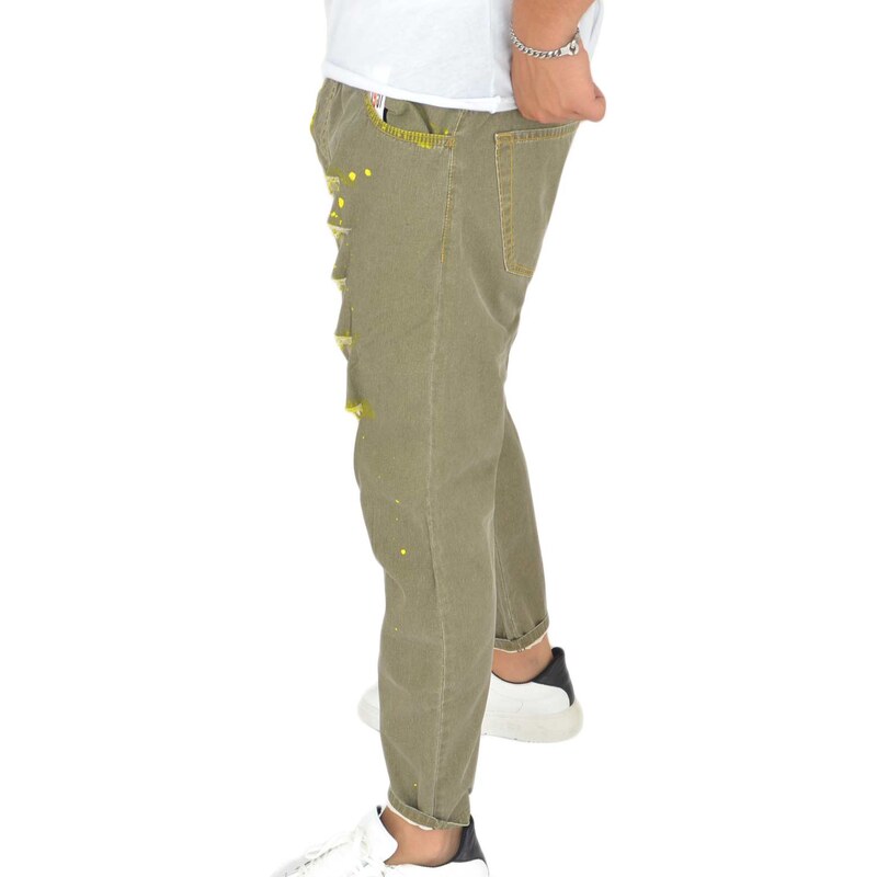 Malu Shoes Jeans skinny color verde militare , schizzi di colore e strappi chiusura con cerniera glamour