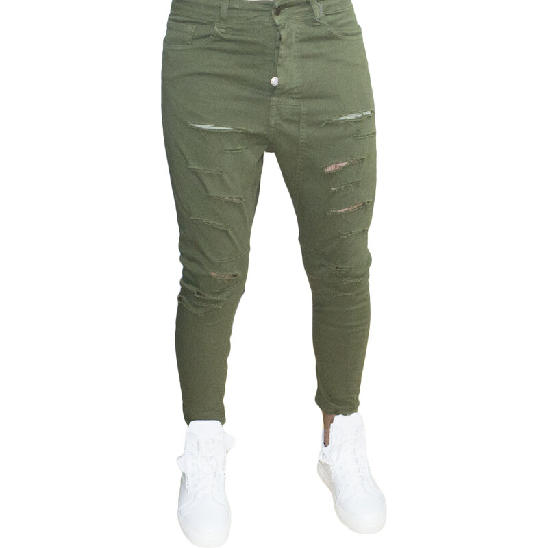 Malu Shoes Pantaloni uomo verde militare chino con strappi slim fit in cotone tinta unita linea giovane elasticizzato