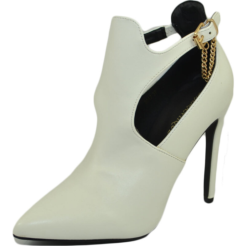 Malu Shoes Scarpe donna tronchetto bianco a punta con il tacco a spillo e cinturino alla caviglia comodo sexy con catena moda