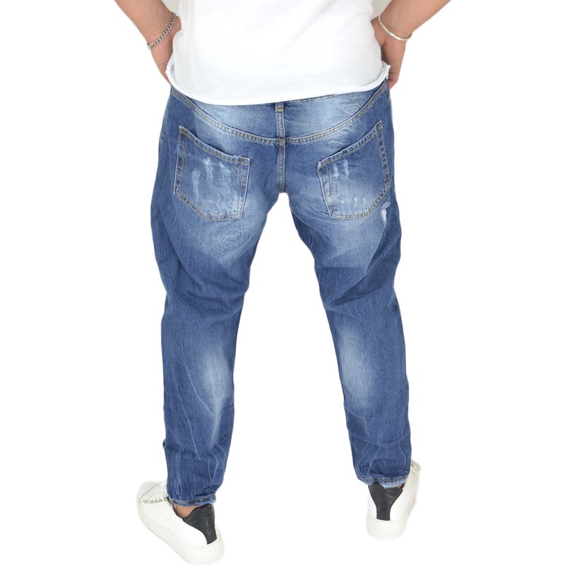 Malu Shoes Pantaloni Jeans blu scuro denim biker. Skinny fit. Chiusura con bottone e cerniera strappato moda