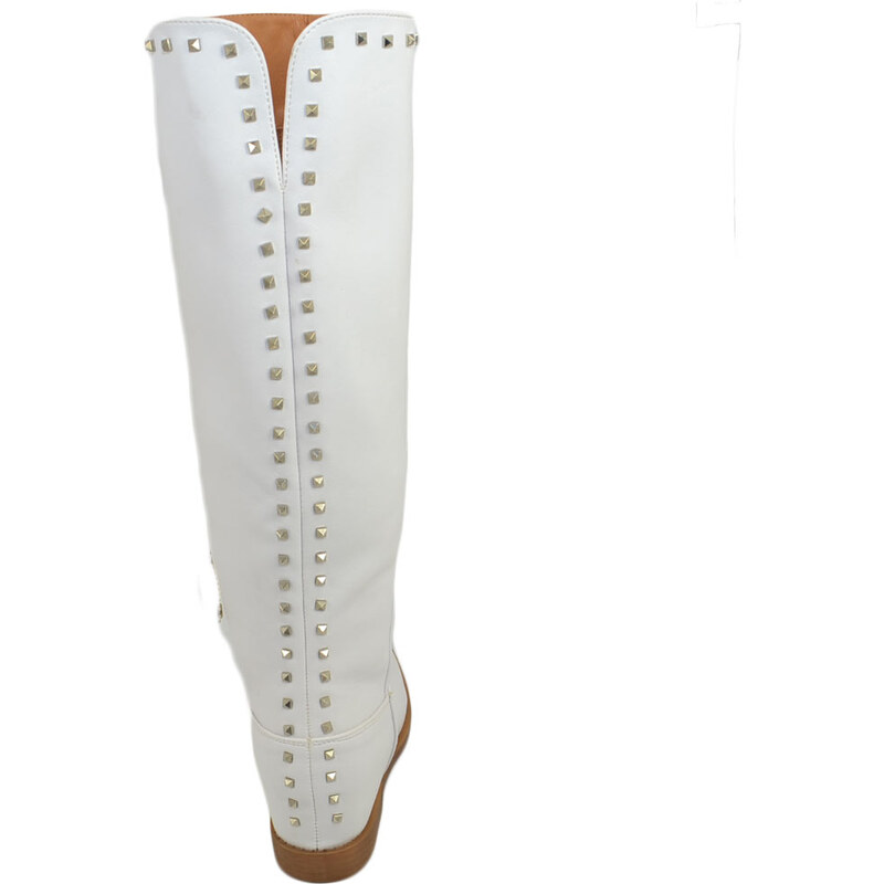 Malu Shoes StivalI donna bianchi con para zeppa interna borchie argento zip punta tonda altezza sopra ginocchio moda comodo