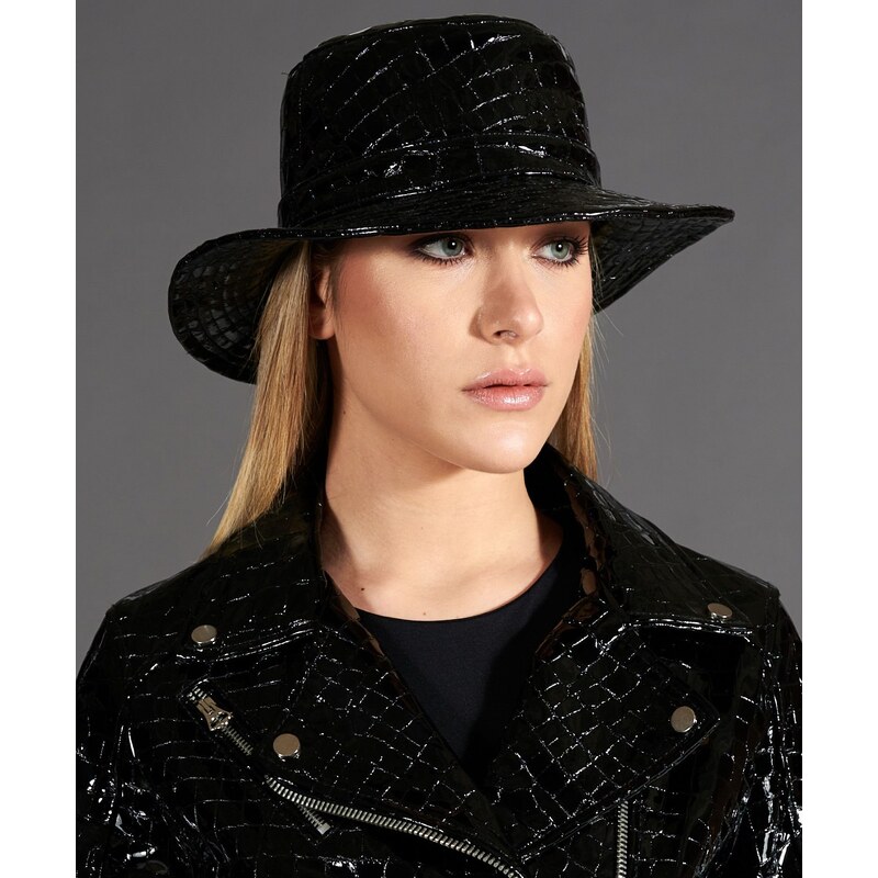 Cappello da donna in pelle nera stampa cocco stile secchiello D'Arienzo