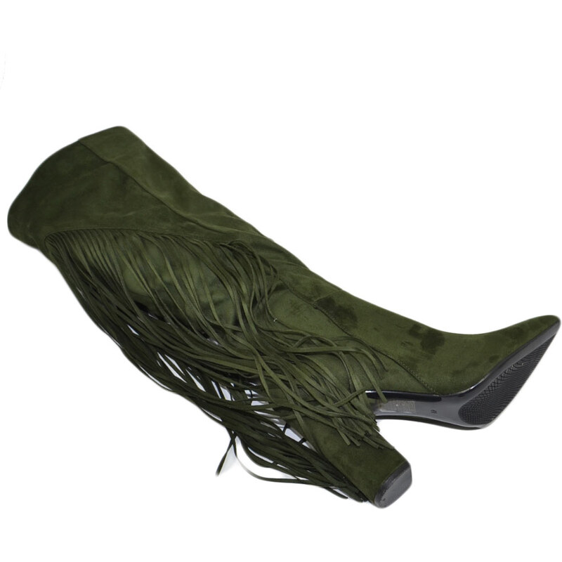 Malu Shoes Stivali donna texani camoscio verde militar con frange lunghe dietro e tacco largo altezza ginocchio moda glamour luxury