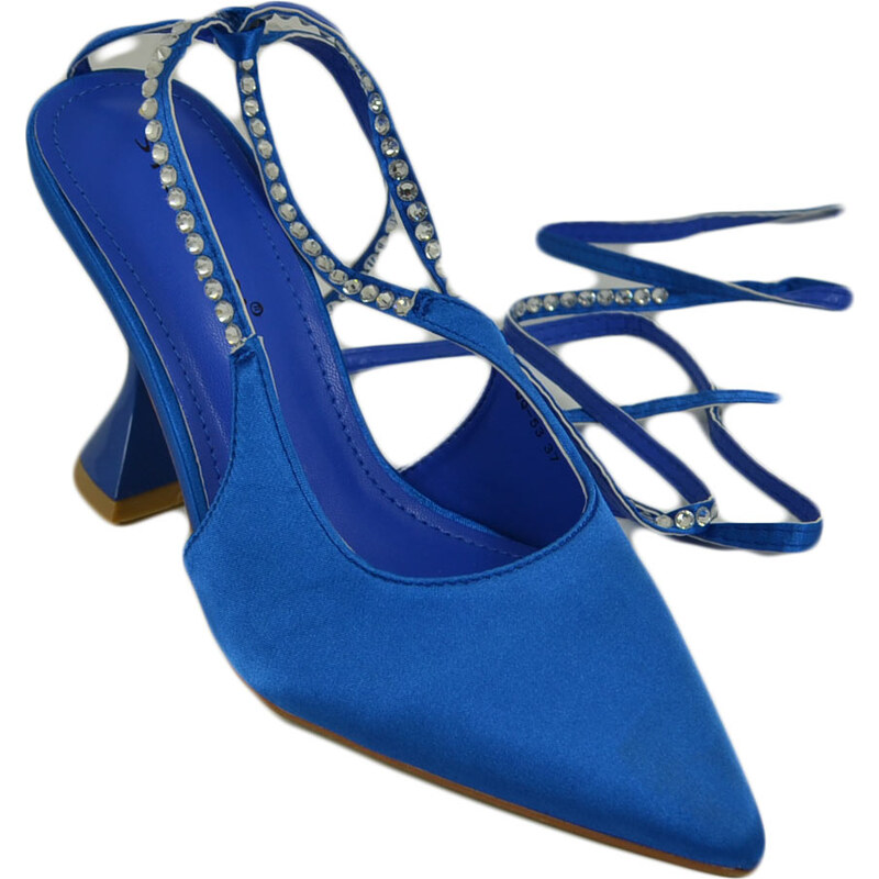 Malu Shoes Scarpe decollete mules donna elegante punta in raso blu tacco martini 9 cerimonia con allacciatura schiava con strass
