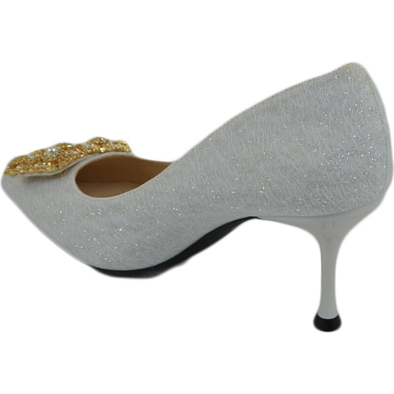 Malu Shoes Scarpe decollete donna argento satinato elegante gioiello fermaglio quadrato con perle punta tacco spillo 8 cerimonia