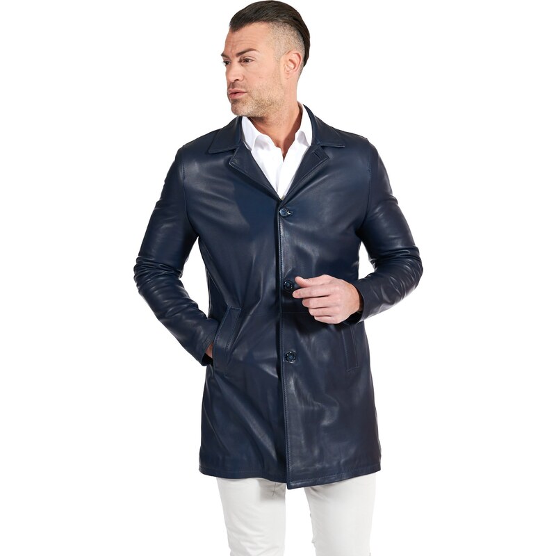 Cappotto in pelle blu effetto liscio collo giacca D'Arienzo