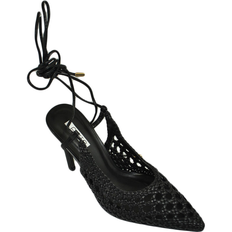 Malu Shoes Decollete tacco donna fantasia uncinetto nero punta tallone scoperto allacciatura schiava caviglia lacci scollo v